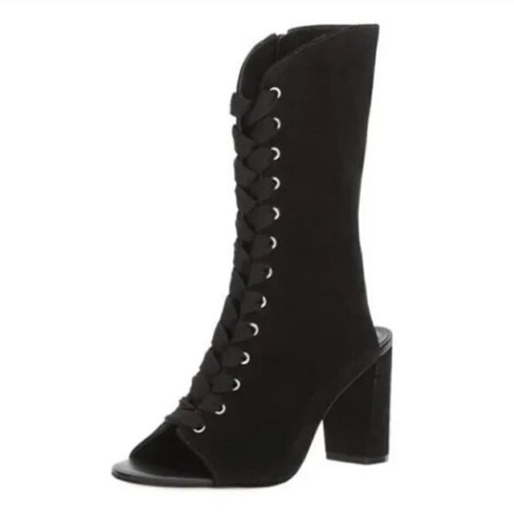 NEW Bernardo Heidi Lace Up boot Heeled Bootie Black Leather open toe & heel zip - Picture 1 of 6